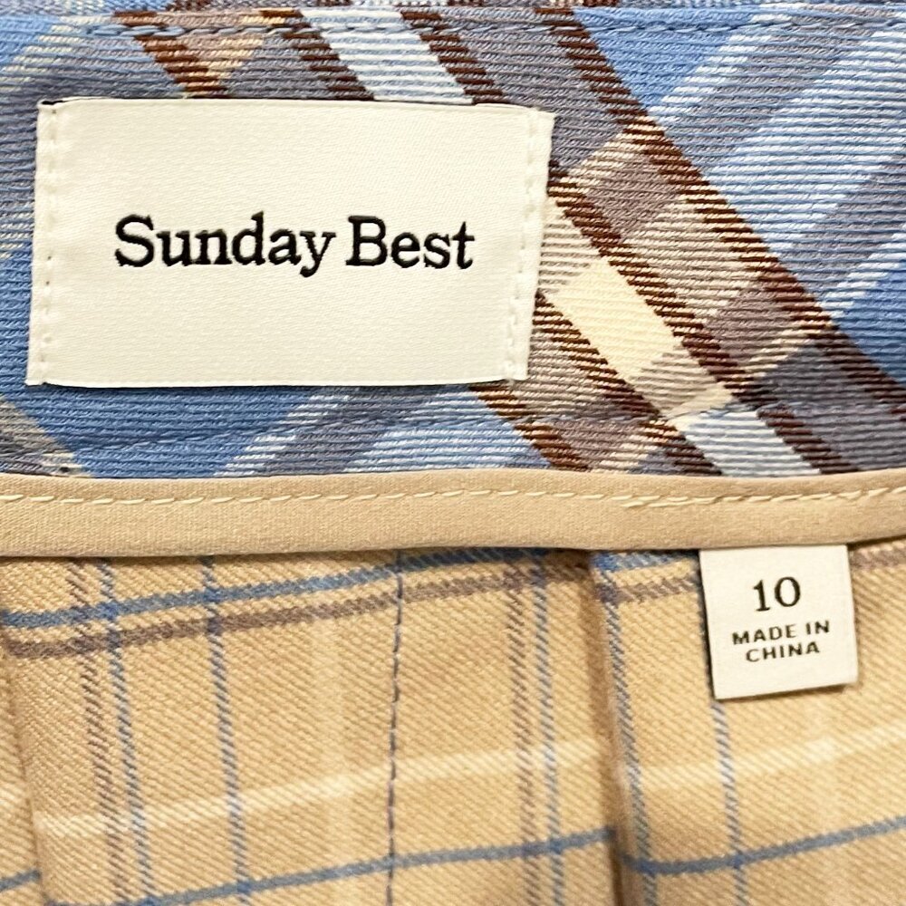 New Aritzia Olive Plaid Pleated Mini Skirt Blue Beige 10 $88 - Picture 5 of 7